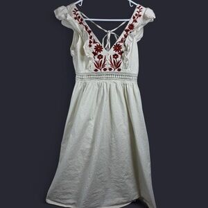Cottagecore Boho Cream Dress with Rust Embroidery